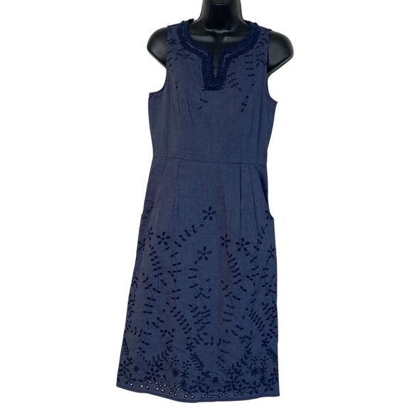 Maine New England Navy Blue Sleeveless Eyelet Lace Crochet Trim Midi Dress Sz 10 - Picture 13 of 14